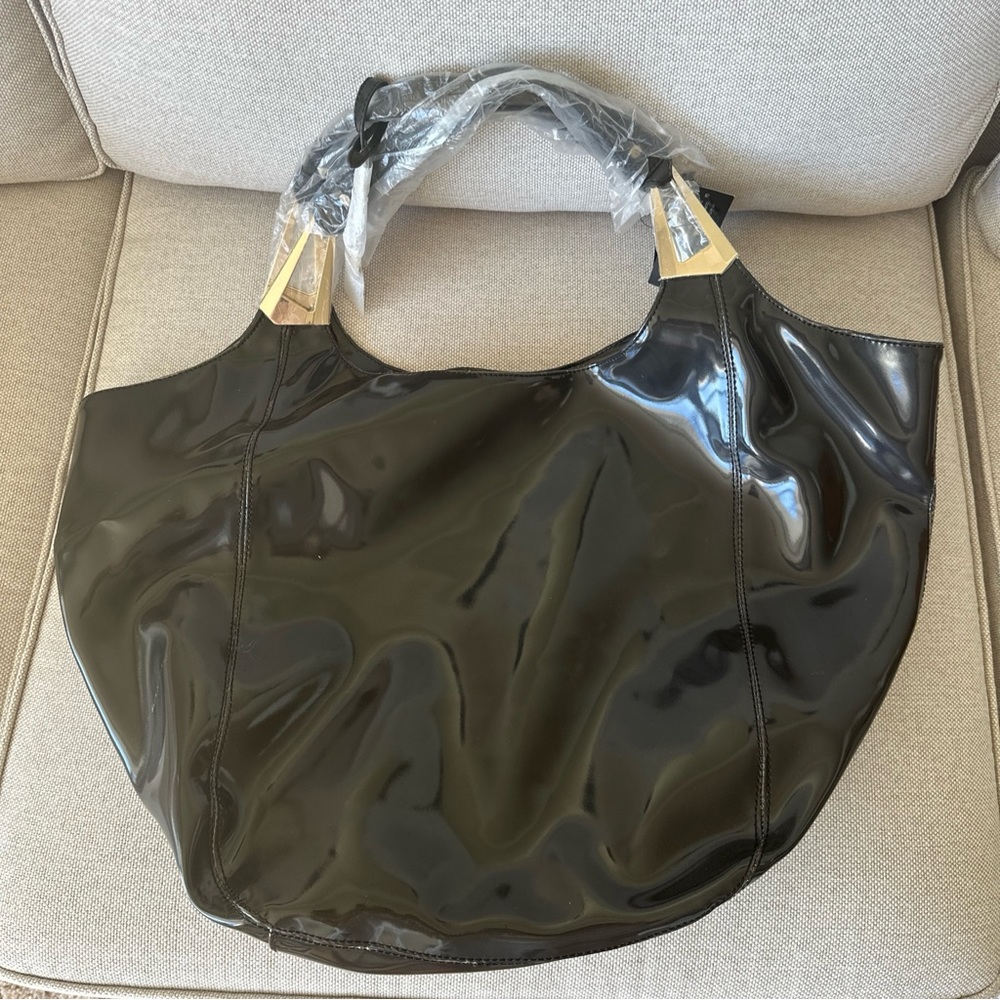 DKNY Patent Leather Oversized Slouch Tote Gray Gold Hardware New with defects